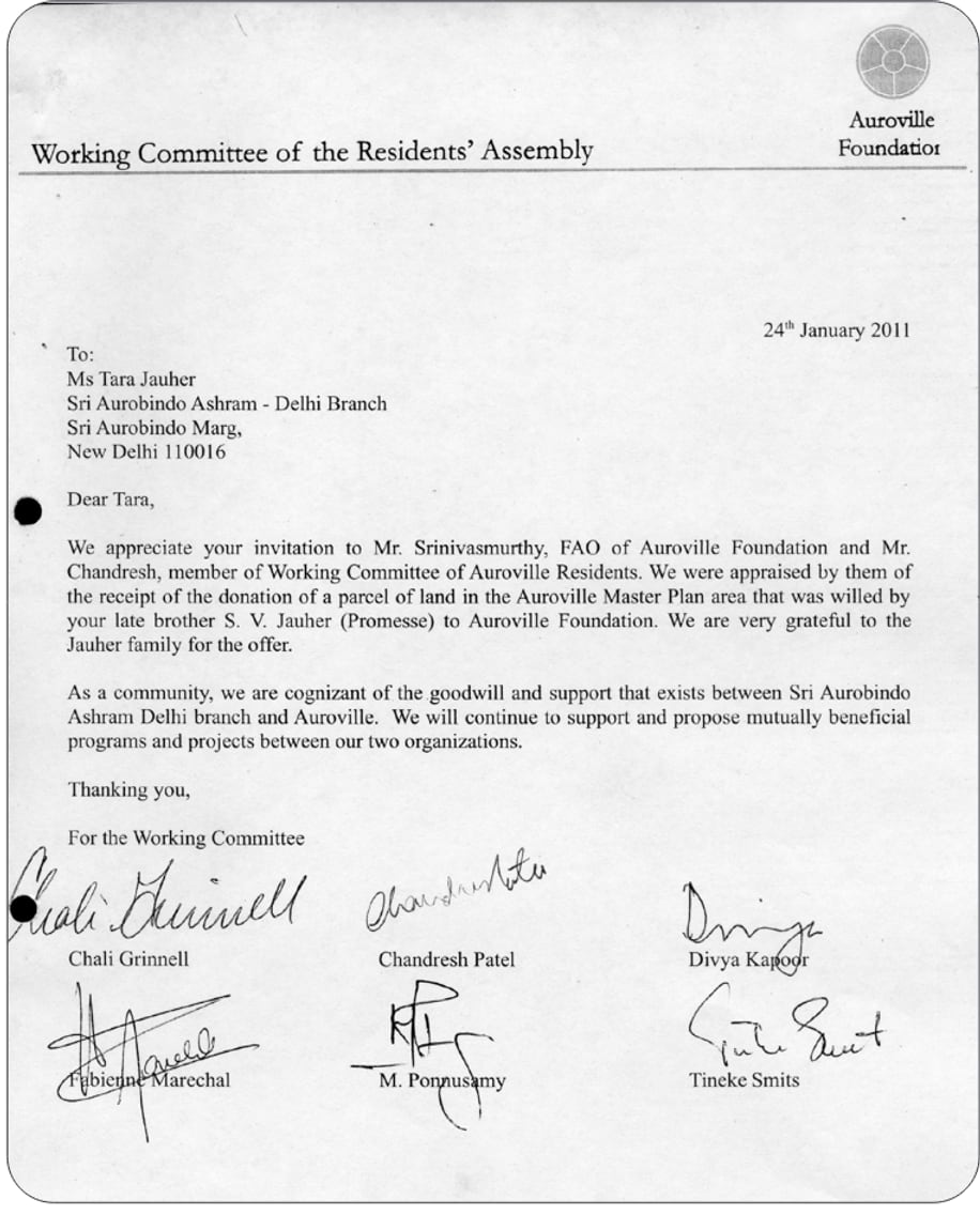 Letter from the Working Committee of the Residents&rsquo; Assembly, Auroville Foundation, acknowledging the donation of land