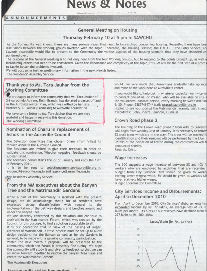 News & Notes clipping thanking Tara Jauhar for the donation of land to Auroville
