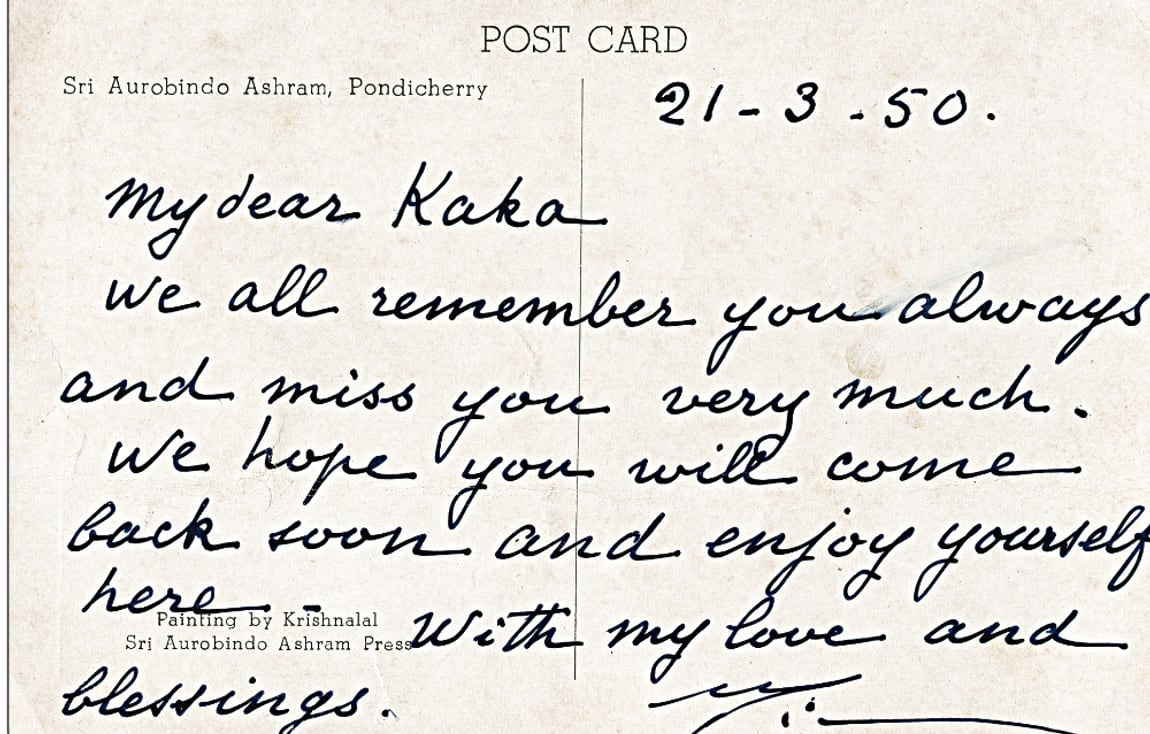 The Mother&rsquo;s handwritten postcard reply to Promesse, dated 21-3-50