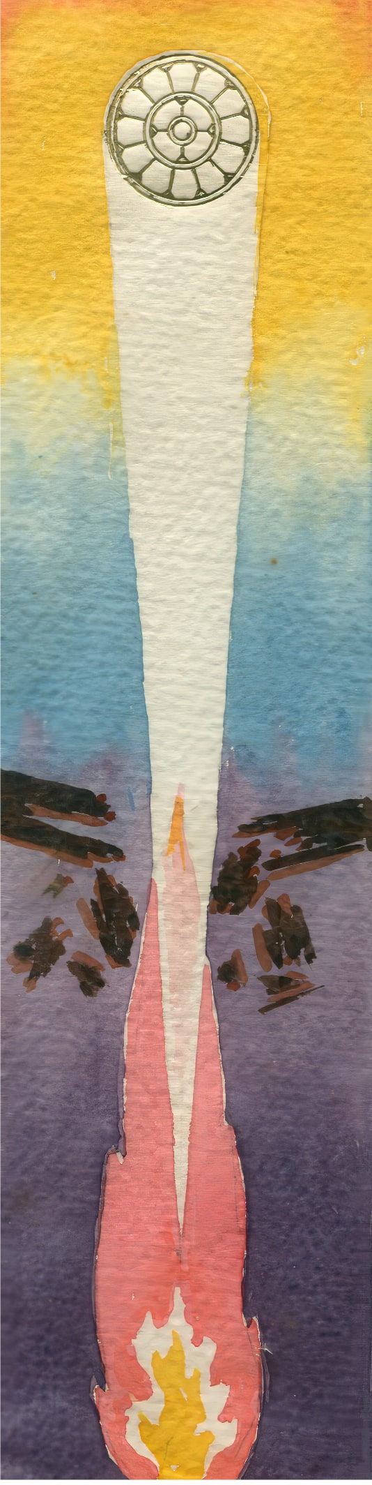 A watercolour by Promesse &mdash; the Mother&rsquo;s symbol above a luminous white column rising from a flame