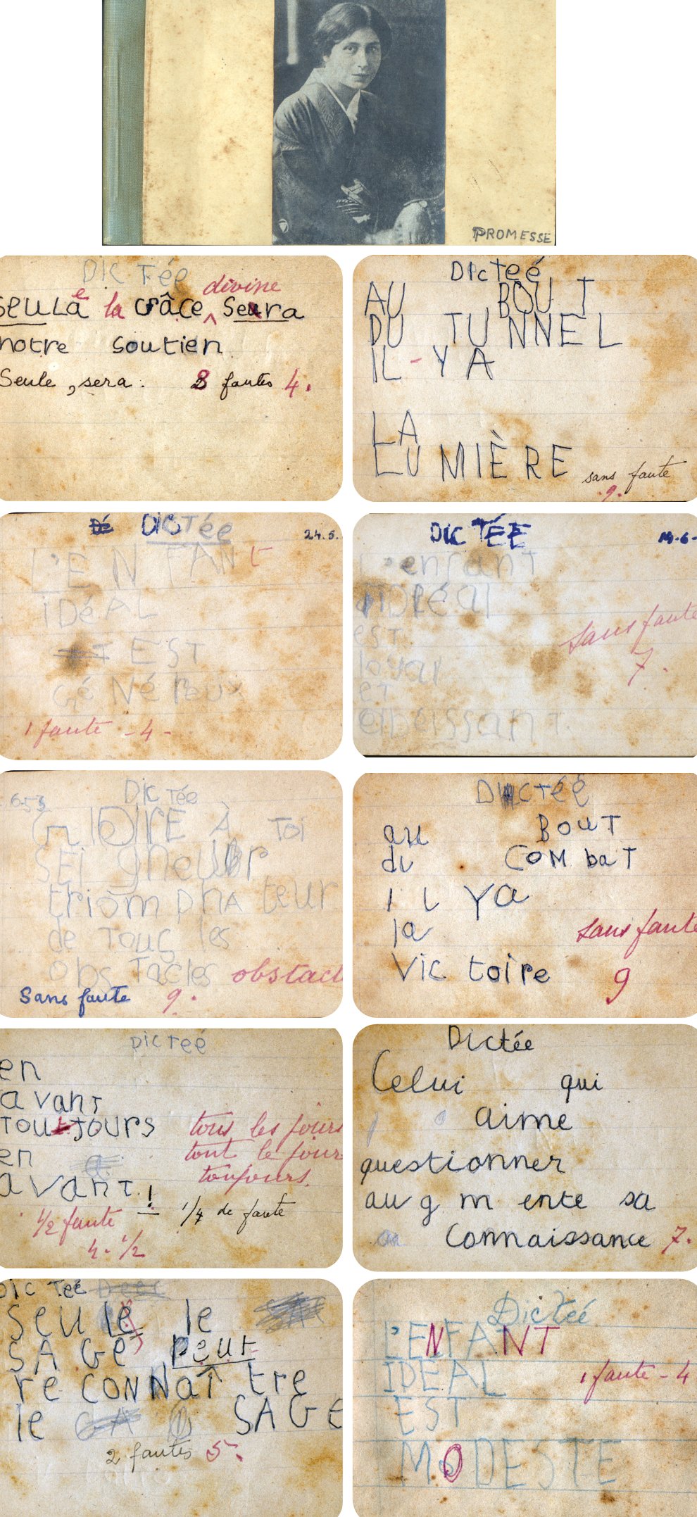 Snapshots of pages from the 'Dictation' notebook of Promesse, corrected by the Mother