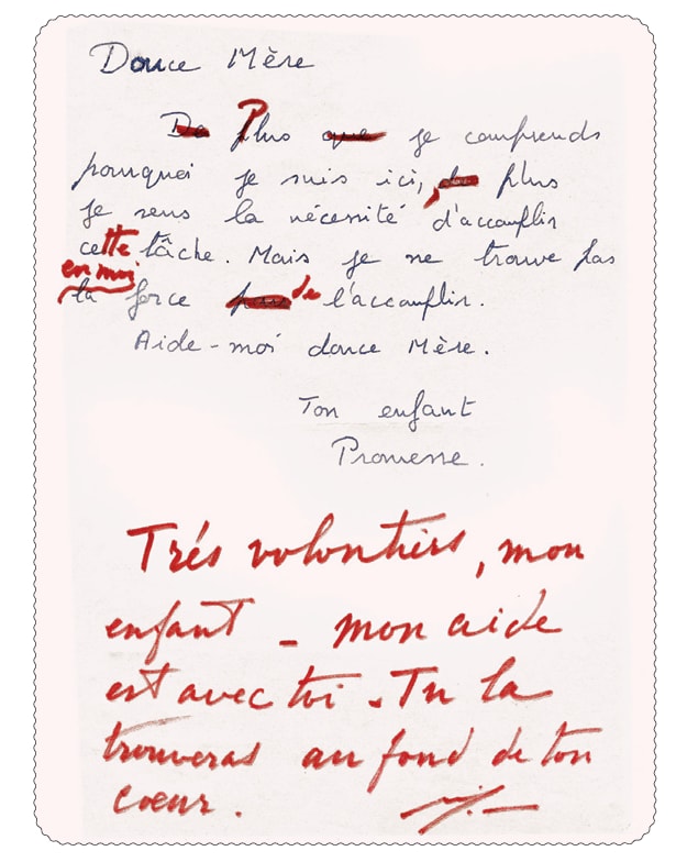 Promesse&rsquo;s handwritten letter to the Mother, with Her reply in Her own hand
