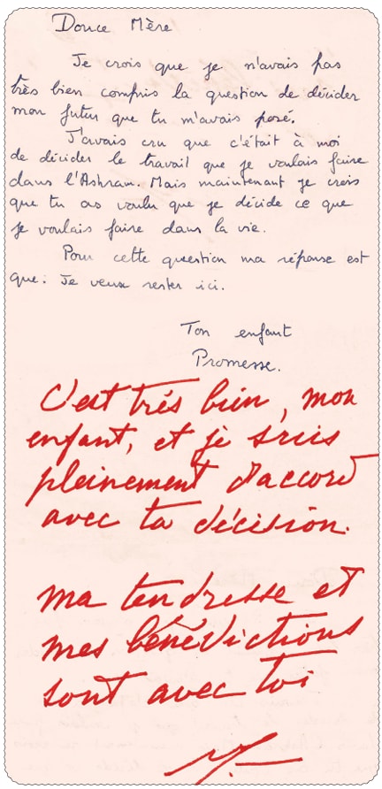 Promesse&rsquo;s handwritten letter to the Mother, with Her reply in Her own hand