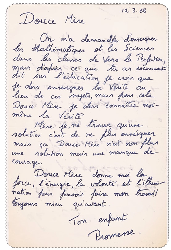 Promesse&rsquo;s handwritten letter to the Mother, 12.3.68, with Her reply in Her own hand