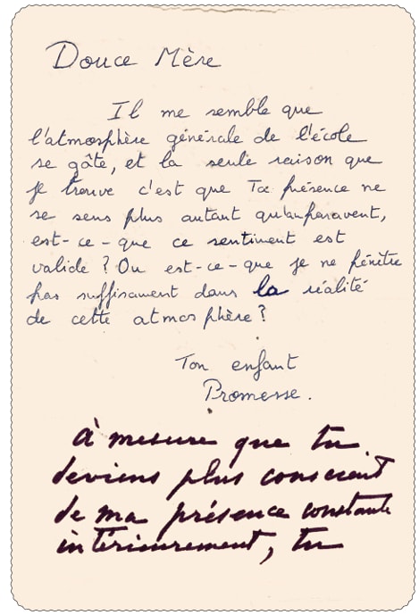 Promesse&rsquo;s handwritten letter to the Mother, with Her reply in Her own hand