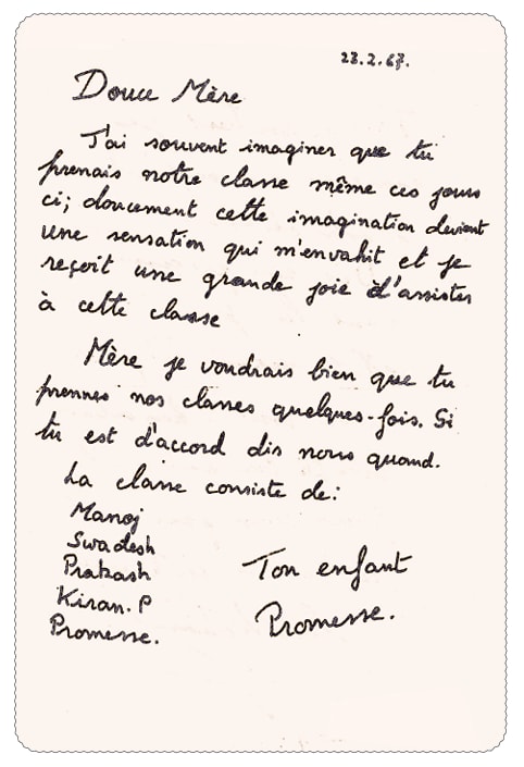 Promesse&rsquo;s handwritten letter to the Mother, 23.2.67, with Her reply in Her own hand