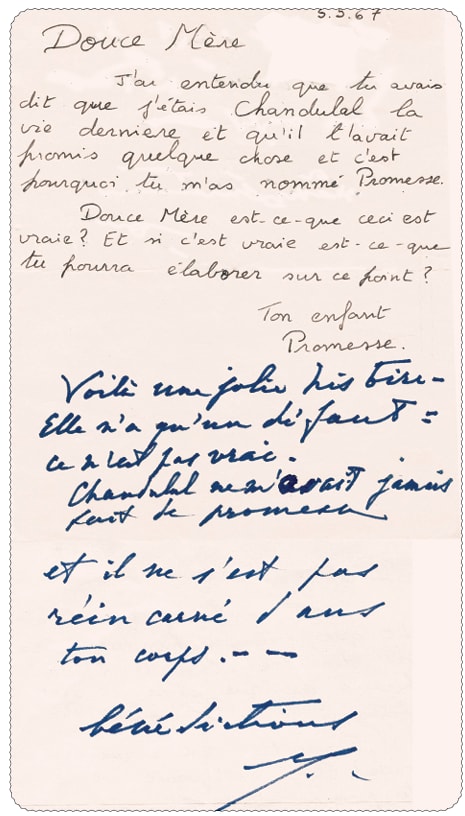 Promesse&rsquo;s handwritten letter to the Mother, 5.5.67, with Her reply in Her own hand