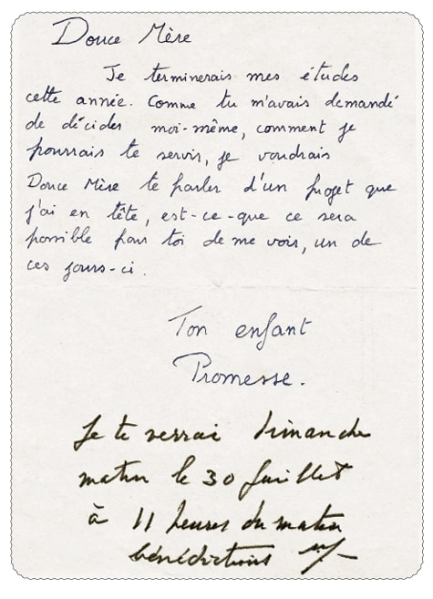 Promesse&rsquo;s handwritten letter to the Mother, with Her reply in Her own hand