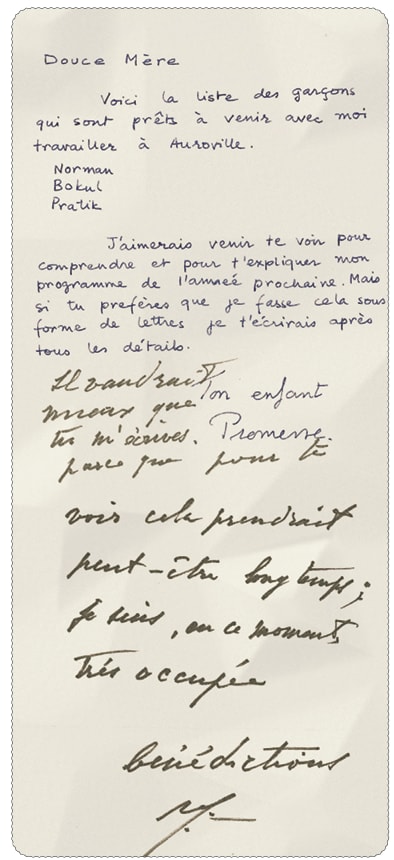 Promesse&rsquo;s handwritten letter to the Mother, with Her reply in Her own hand
