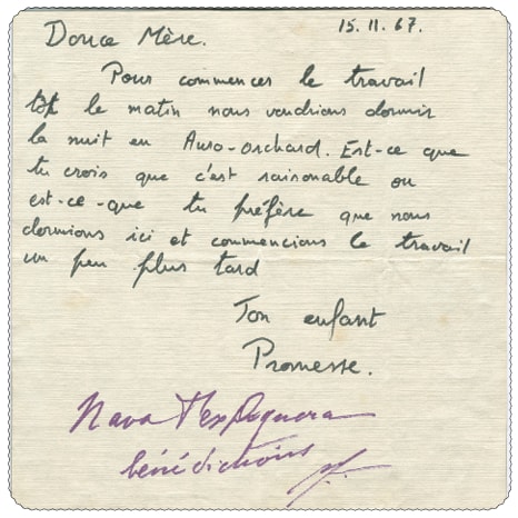 Promesse&rsquo;s handwritten letter to the Mother, 15.11.67, with Her reply in Her own hand