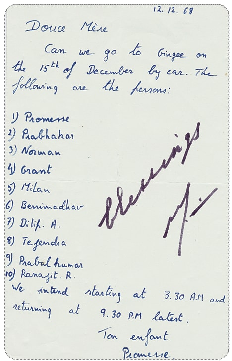Promesse&rsquo;s handwritten letter to the Mother, with Her reply in Her own hand