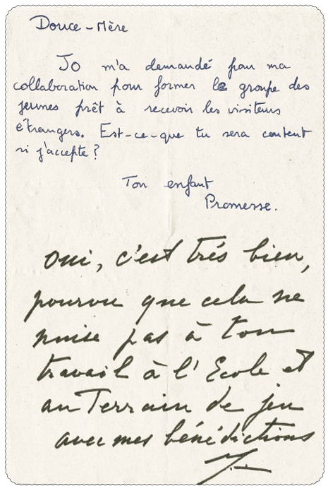 Promesse&rsquo;s handwritten letter to the Mother, with Her reply in Her own hand