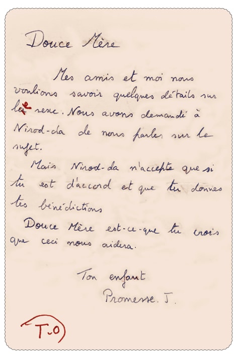 Promesse&rsquo;s handwritten letter to the Mother, with Her reply in Her own hand