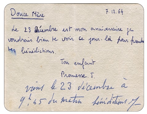 Promesse&rsquo;s handwritten letter to the Mother, 7.12.64, with Her reply in Her own hand