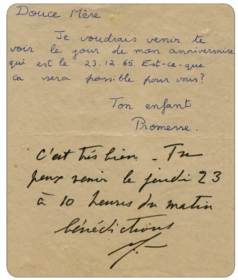 Promesse&rsquo;s handwritten letter to the Mother, with Her reply in Her own hand