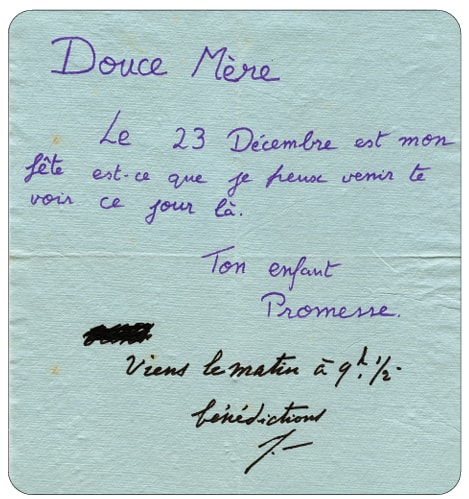Promesse&rsquo;s handwritten letter to the Mother, with Her reply in Her own hand