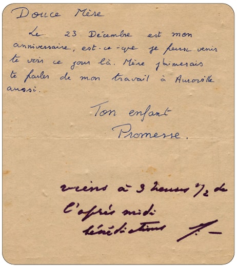 Promesse&rsquo;s handwritten letter to the Mother, with Her reply in Her own hand