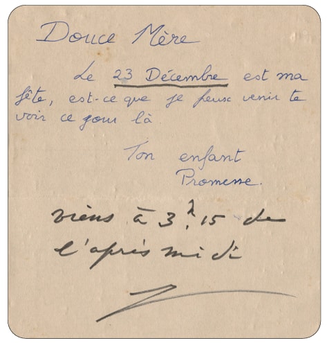 Promesse&rsquo;s handwritten letter to the Mother, with Her reply in Her own hand