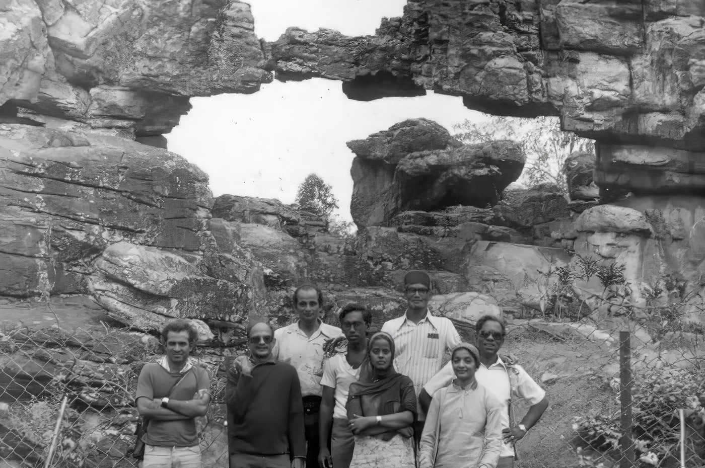 Promesse in front of the Unique Geological Arch, Silathoranam (located in the Tirumala Hills of Andhra Pradesh, India), Back Row - Chandrakant Bhai, Ananda; Middle Row - Dilip, Ashwini; Front Row - Promesse, Kittu Reddy, Anugata, Savitri