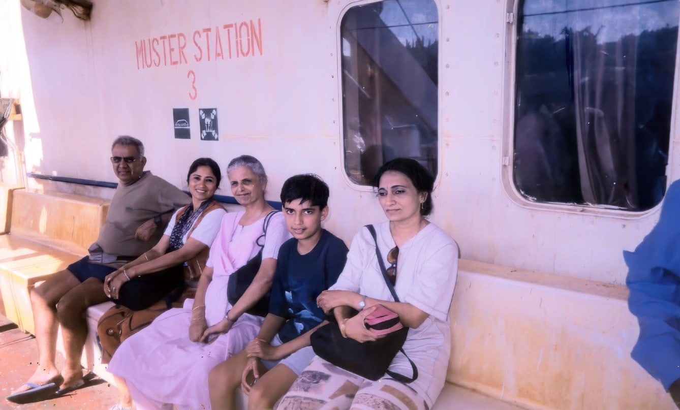 On board, the ship Nancourie, to the Andamans & Great Nicobar Islands, (organised by Tara Jauhar), L to R - Promesse, Madhumita (Minoo), Urmila, Miraj - an Ashram student & Hemangini (Mamata)