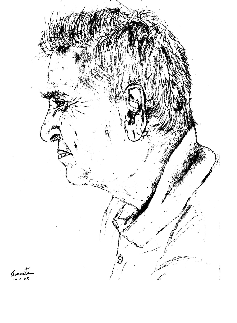 Pen-and-ink portrait of Promesse Jauhar in profile, by Amrita, 2005